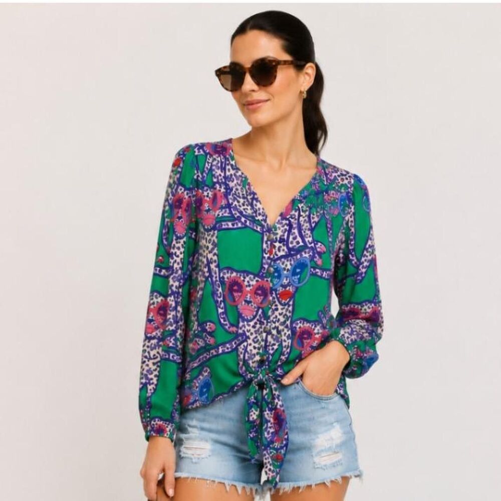 Anthropologie Kendra Dandy Leopard Sunglasses Tie Front Blouse Green Purple 6